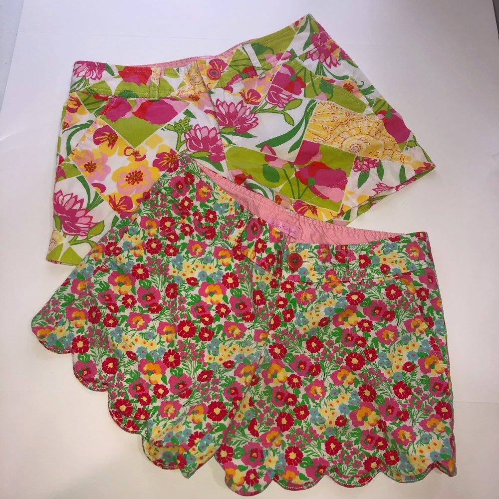 Lilly Pulitzer 2 Shorts Lot Size 0 Buttercup Scallop Floral Patchwork